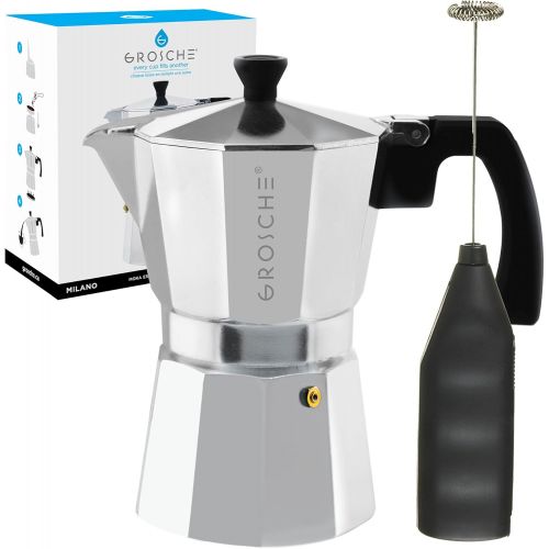  GROSCHE Milano Stove top espresso maker (6 espresso cup size 9.3 oz) Silver, and battery operated milk frother bundle for lattes
