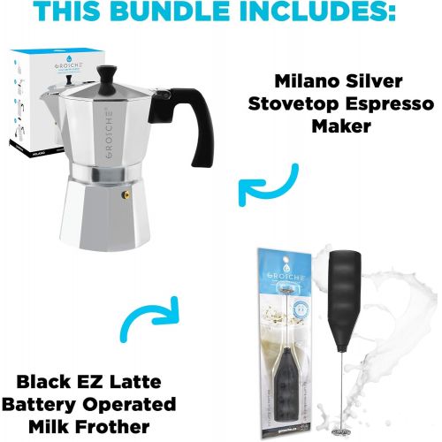  GROSCHE Milano Stove top espresso maker (6 espresso cup size 9.3 oz) Silver, and battery operated milk frother bundle for lattes