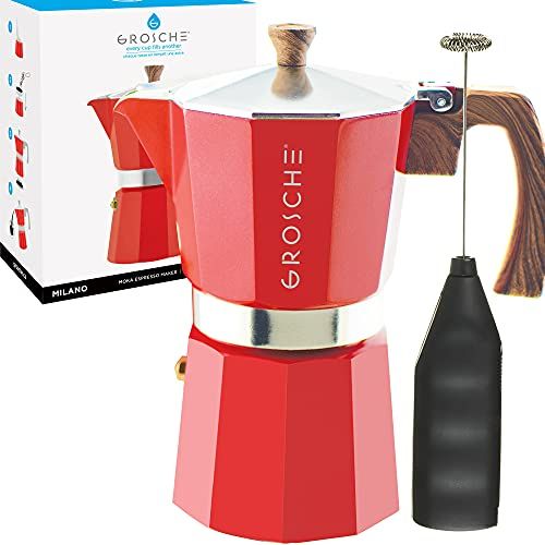  GROSCHE Milano Stove top espresso maker (9 espresso cup size 15.2 oz) Red, and battery operated milk frother bundle for lattes