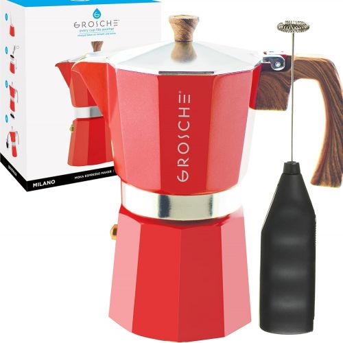  GROSCHE Milano Stove top espresso maker (9 espresso cup size 15.2 oz) Red, and battery operated milk frother bundle for lattes