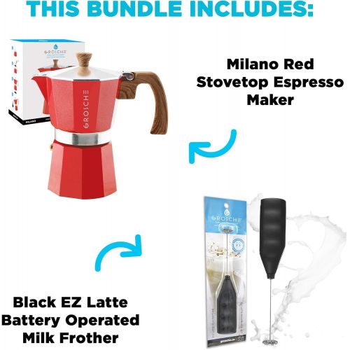  GROSCHE Milano Stove top espresso maker (9 espresso cup size 15.2 oz) Red, and battery operated milk frother bundle for lattes