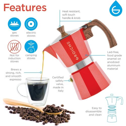  GROSCHE Milano Stove top espresso maker (9 espresso cup size 15.2 oz) Red, and battery operated milk frother bundle for lattes