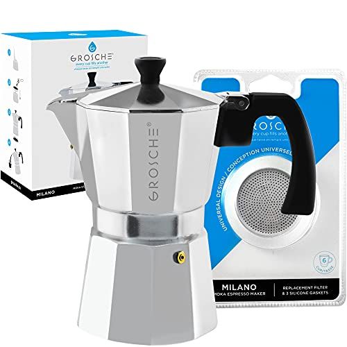  GROSCHE Milano Stovetop Espresso Maker Moka pot 6 Espresso Cup - 9.3 oz, Silver and 3 Replacement Seals Gaskets Bundle Stove top coffee Maker Moka Italian Espresso coffee Maker and