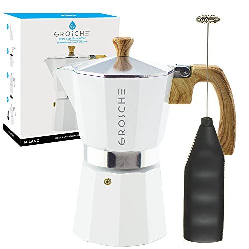  GROSCHE Milano Stove top espresso maker (6 espresso cup size 9.3 oz) White Moka pot, and battery operated milk frother bundle for lattes