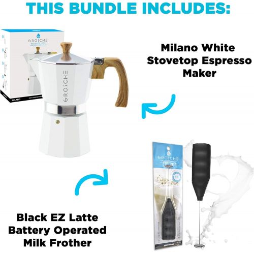  GROSCHE Milano Stove top espresso maker (6 espresso cup size 9.3 oz) White Moka pot, and battery operated milk frother bundle for lattes