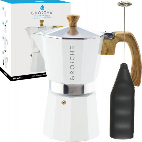  GROSCHE Milano Stove top espresso maker (6 espresso cup size 9.3 oz) White Moka pot, and battery operated milk frother bundle for lattes