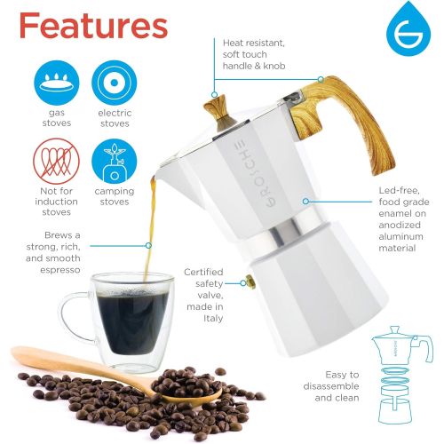  GROSCHE Milano Stove top espresso maker (6 espresso cup size 9.3 oz) White Moka pot, and battery operated milk frother bundle for lattes
