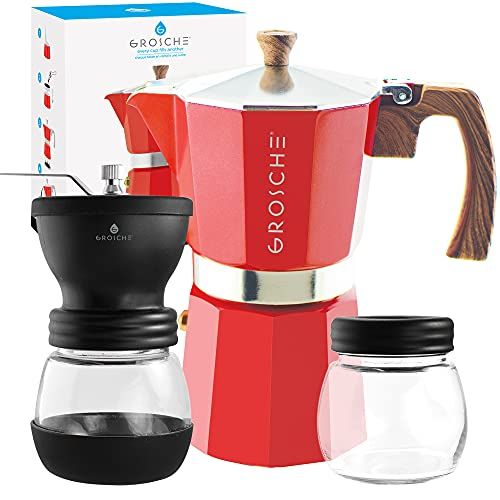  GROSCHE Milano Stovetop Espresso Maker Red 9 Espresso cup size and Bremen Manual Coffee grinder Bundle includes moka pot and grinder