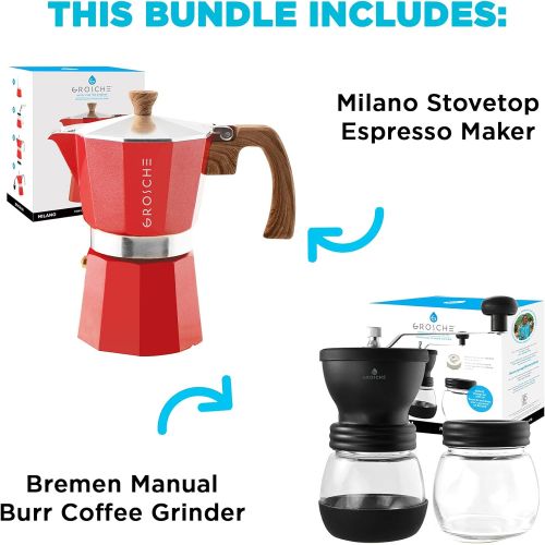  GROSCHE Milano Stovetop Espresso Maker Red 9 Espresso cup size and Bremen Manual Coffee grinder Bundle includes moka pot and grinder