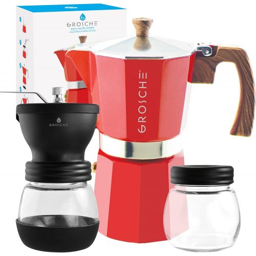  GROSCHE Milano Stovetop Espresso Maker Red 9 Espresso cup size and Bremen Manual Coffee grinder Bundle includes moka pot and grinder