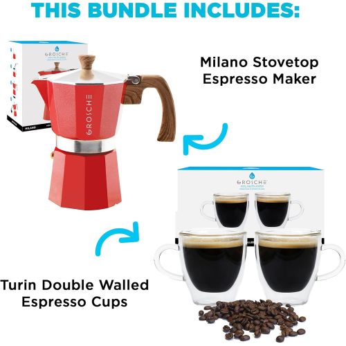  GROSCHE Milano Stovetop Espresso Maker Red 6 Espresso cup size and Turin Double Walled Espresso Cups