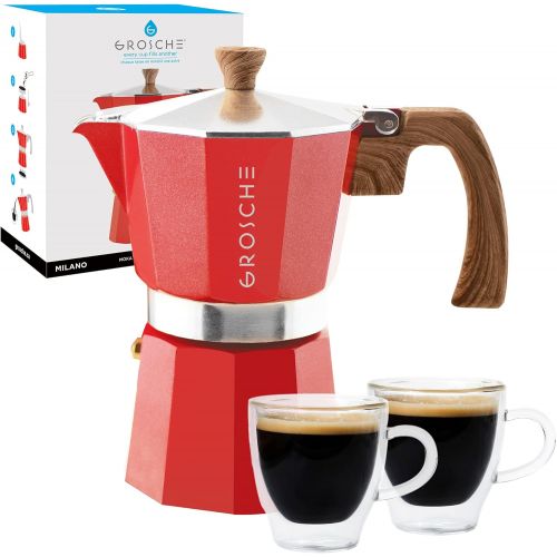  GROSCHE Milano Stovetop Espresso Maker Red 6 Espresso cup size and Turin Double Walled Espresso Cups