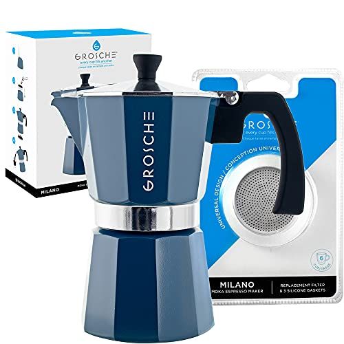  GROSCHE Milano Stovetop Espresso Maker Moka pot 6 Espresso Cup - 9.3 oz, Blue and 3 Replacement Seals Gaskets Bundle Stove top coffee Maker Moka Italian Espresso coffee Maker and r