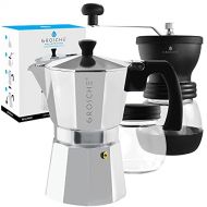 GROSCHE Milano Stovetop Espresso Maker Silver 6 Espresso cup size and Bremen Manual Coffee grinder Bundle includes moka pot and grinder