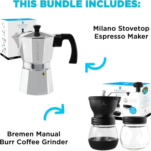  GROSCHE Milano Stovetop Espresso Maker Silver 6 Espresso cup size and Bremen Manual Coffee grinder Bundle includes moka pot and grinder