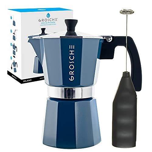  GROSCHE Milano Stove top espresso maker (6 espresso cup size 9.3 oz) Blue, and battery operated milk frother bundle for lattes