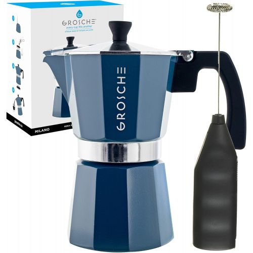  GROSCHE Milano Stove top espresso maker (6 espresso cup size 9.3 oz) Blue, and battery operated milk frother bundle for lattes