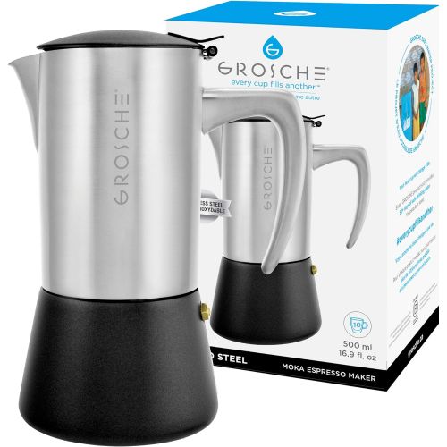  GROSCHE Milano Steel 10 espresso cup Brushed Stainless Steel Stovetop espresso Maker Moka pot - Cuban Coffee Maker Italian espresso Greca Coffee Maker for Induction gas or electric