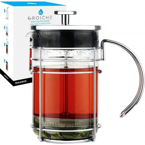  GROSCHE Madrid French Press Coffee Maker and Tea Press, 34 oz / 1000 ml size, Pyrex France Borosilicate Glass Beaker and Premium Stainless Steel Filter and Chrome Finish Coffee Pre