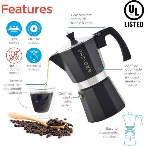  [아마존베스트]GROSCHE Milano Stovetop Espresso Maker Moka pot 1 espresso Cup - 1.5 fl oz, Black, Cuban Coffee Maker Stove top coffee maker Moka Italian espresso greca coffee maker brewer percola