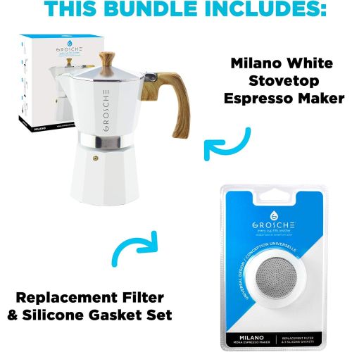  [아마존베스트]GROSCHE Milano Stovetop Espresso Maker Moka pot 3 espresso Cup - 5 oz, White and 3 Replacement Seals Gaskets Bundle Stove top coffee maker Moka Italian espresso coffee maker and re