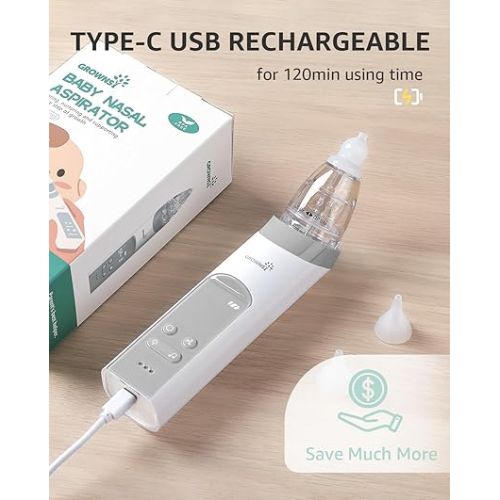  GROWNSY Nasal Aspirator for Baby, Electric Nose Aspirator for Toddler, Baby Nose Sucker, Automatic Nose Cleaner with 3 Silicone Tips, Adjustable Suction Level, Music and Light Soothing Function