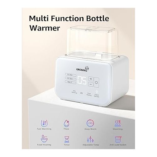  Baby Bottle Warmer, Grownsy 8-in-1 Fast Milk Warmer with Timer Breastmilk or Formula, Fits 2 Bottles, Accurate Temperature Control, with Defrost, Sterili-zing, Keep, Heat Baby Food Jars Function