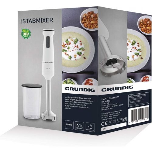  Grundig BL 6840 Stabmixer, 600 W mit Edelstahl 4-fach Messer, 1 L Messbecher, Weiss/Schwarz