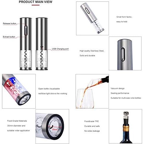  [아마존베스트]GSDJAL Electric Bottle Opener, 4-in-1 Electronic Wine Opener, Electric Corkscrew with Foil Cutter, Vacuum Stopper and Pourer, USB Charging Cable, 600 mAh