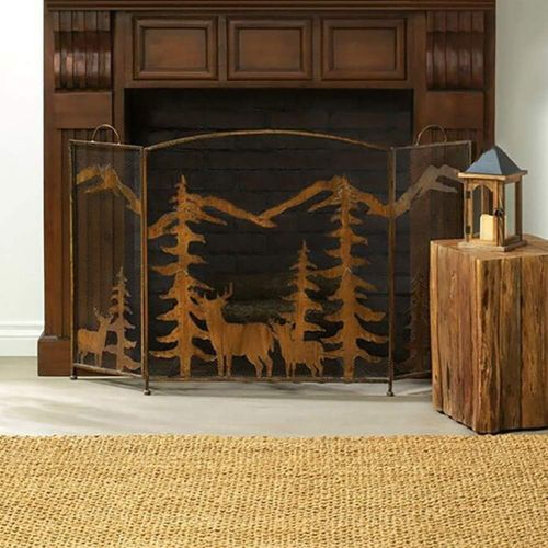  GSG Fireplace Screen Decorative Large Flat Guard Wrought Iron Fireplace Screen, Indoor Outdoor Metal Decor Mesh, Baby Safe Fireproof Panels Wood Burning Stove Accessories, 32×56in