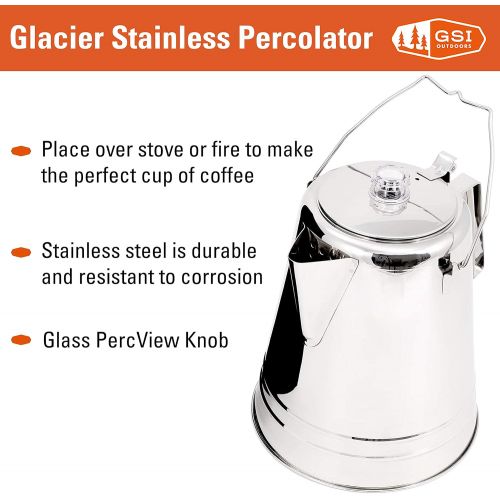  GSI Outdoors Glacier Stainless Steel 8 Cup Percolator Ultra-Rugged for Brewing Coffee While Camping with Groups