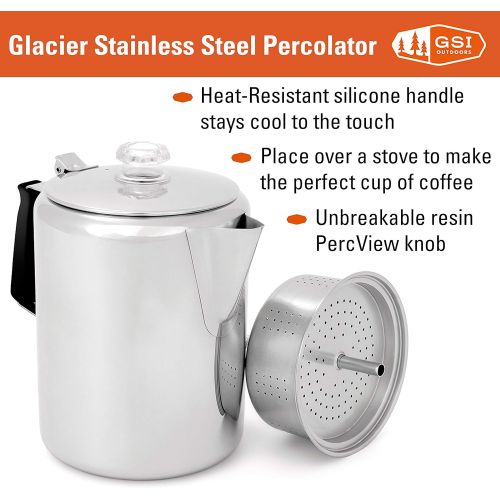  GSI Outdoors Percolator Coffee Pot I Glacier Stainless Steel with Silicone Handle for Camping and Backpacking, for Individuals and Groups, Stove Safe