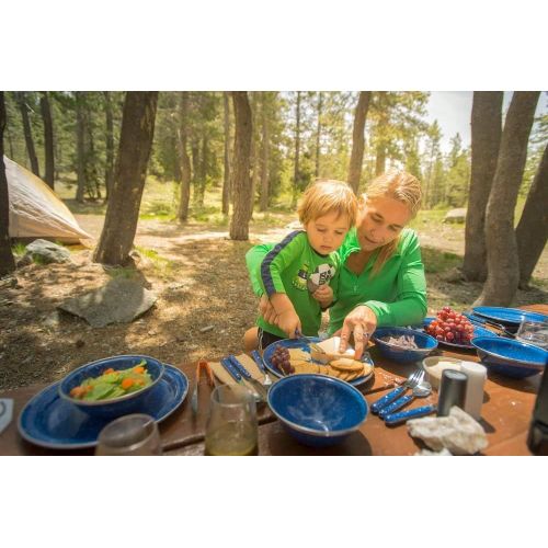  GSI Outdoors Camp Table Set for 4 I Includes Enamel Pioneer Plates, Bowls, & Coffee Mugs for Camping, Outdoors, RV