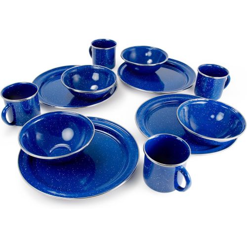  GSI Outdoors Camp Table Set for 4 I Includes Enamel Pioneer Plates, Bowls, & Coffee Mugs for Camping, Outdoors, RV