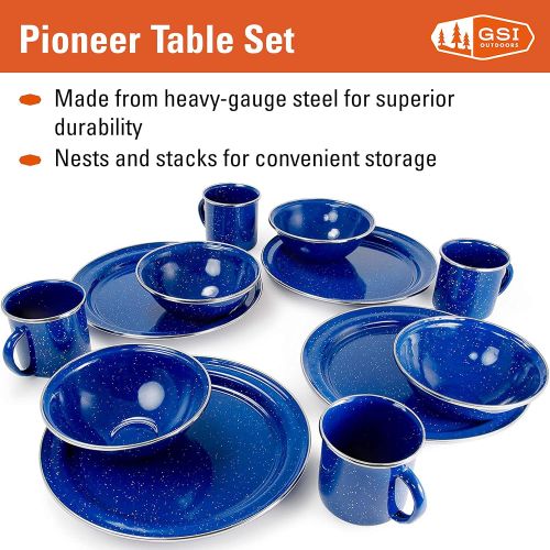  GSI Outdoors Camp Table Set for 4 I Includes Enamel Pioneer Plates, Bowls, & Coffee Mugs for Camping, Outdoors, RV