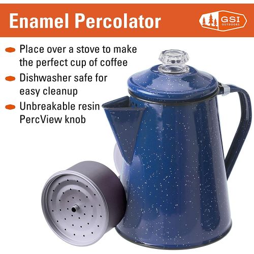  GSI Outdoors Percolator Coffee Pot 8 Cup Enamelware for Brewing Coffee over Stove & Fire - Ideal for Campsite, Cabin, RV, Kitchen, Groups, Backpacking