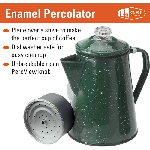  GSI Outdoors Percolator Coffee Pot 8 Cup Enamelware for Brewing Coffee over Stove & Fire - Ideal for Campsite, Cabin, RV, Kitchen, Groups, Backpacking