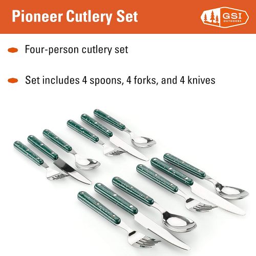  GSI Outdoors Pioneer 12 Piece Cutlery Set, Camping Flatware - Green