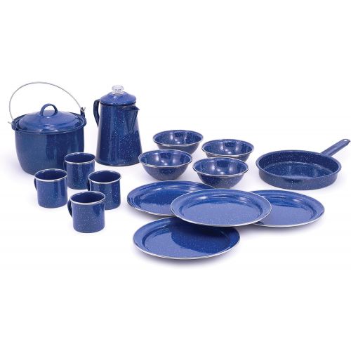  GSI Outdoors Pioneer Enamelware Camp Set with All Your Camping Needs for Four with Pot, Pan, Table Setting and Percolator in Durable and Classic Design