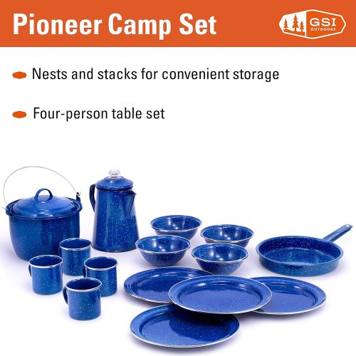  GSI Outdoors Pioneer Enamelware Camp Set with All Your Camping Needs for Four with Pot, Pan, Table Setting and Percolator in Durable and Classic Design