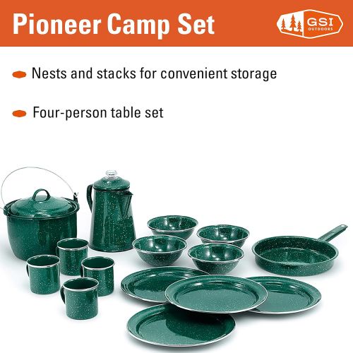  [아마존베스트]GSI Outdoors Pioneer Enamelware Camp Set with All Your Camping Needs for Four with Pot, Pan, Table Setting and Percolator in Durable and Classic Design