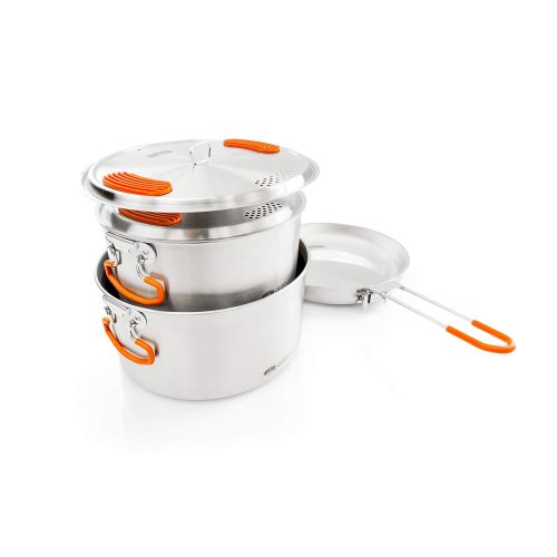  GSI Outdoors Glacier Stainless Steel Base Camper - Medium - 3 Pieces Cookset - Compact, Durable Pot Pan for Camping
