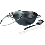 GSW 860956 GUSSEISEN PROFESSIONELL Multifunktionstopf/Wok-Set mit Glasdeckel 32cm / 5-teilig/ca. 6,2 Liter, schwarz, 32 cm, 5-Einheiten