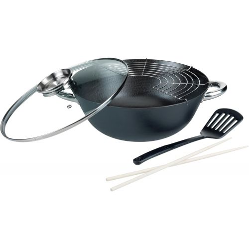  GSW 860956 GUSSEISEN PROFESSIONELL Multifunktionstopf/Wok-Set mit Glasdeckel 32cm / 5-teilig/ca. 6,2 Liter, schwarz, 32 cm, 5-Einheiten