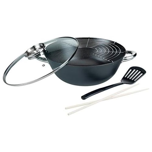  GSW 860956 GUSSEISEN PROFESSIONELL Multifunktionstopf/Wok-Set mit Glasdeckel 32cm / 5-teilig/ca. 6,2 Liter, schwarz, 32 cm, 5-Einheiten