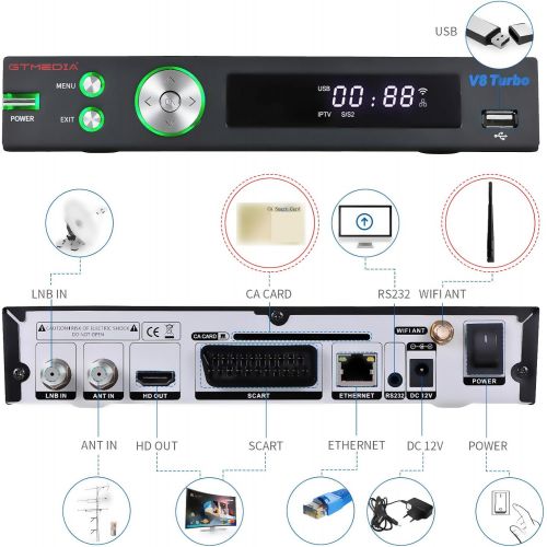  [아마존베스트]GT MEDIA V8 Turbo Digital Satellite Receiver Terrestrial Decoder with CA Card Slot for TIVASAT, DVB-S2X +T2 + Cable T2-MI, FTA Full HD 1080P/ H.265 10bit/ YouTube/ CCcam/ HDMI/ SCA