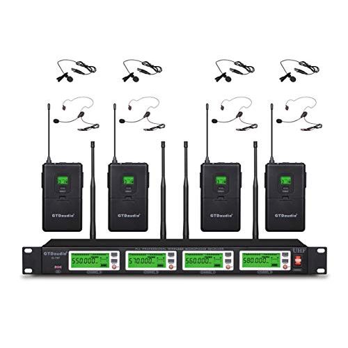  GTD Audio 4x800 Adjustable Channels UHF Diversity Wireless Cordless Lavalier/Lapel/Headset Microphone Mic System 400fts (4 Body Packs)