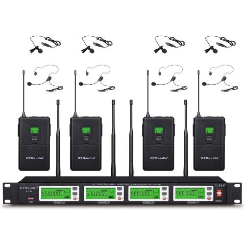  GTD Audio 4x800 Adjustable Channels UHF Diversity Wireless Cordless Lavalier/Lapel/Headset Microphone Mic System 400fts (4 Body Packs)