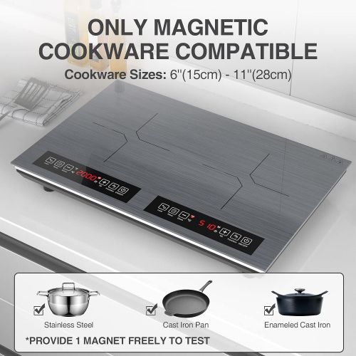  Induction Cooktop, GTKZW 2 Burner Electric Cooktop, 120V 2000W Electric Stove with LED Touch Screen, 9 Levels Settings, Wire Drawing Panel Portable Induction Burner