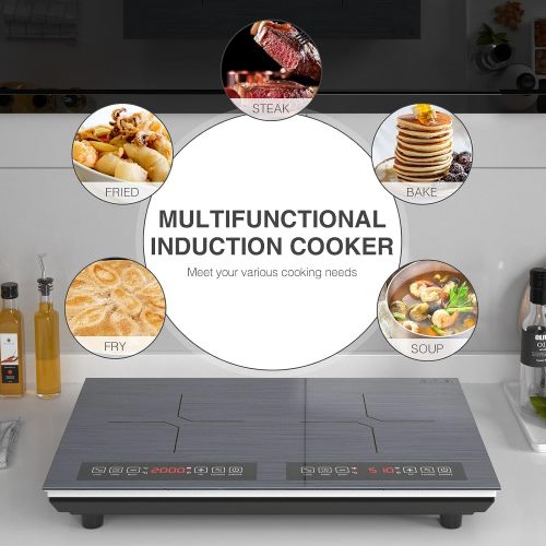  Induction Cooktop, GTKZW 2 Burner Electric Cooktop, 120V 2000W Electric Stove with LED Touch Screen, 9 Levels Settings, Wire Drawing Panel Portable Induction Burner